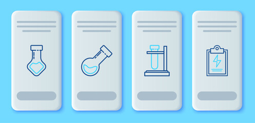 Poster - set line test tube and flask chemical, on stand, and laboratory clipboard with checklist icon. vecto