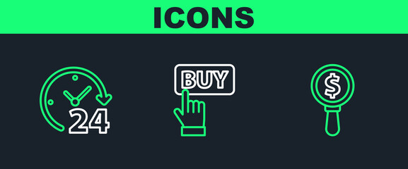 Poster - set line magnifying glass and dollar, clock 24 hours and buy button icon. vector