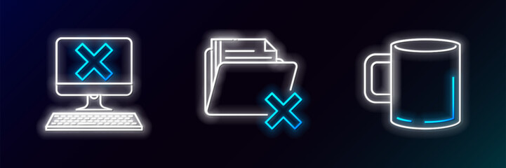 Poster - set line coffee cup flat, computer with keyboard and x mark and delete folder icon. glowing neon. ve