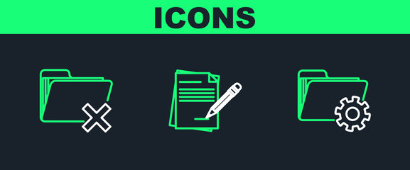 Poster - set line folder settings with gears, delete folder and blank notebook and pencil eraser icon. vector