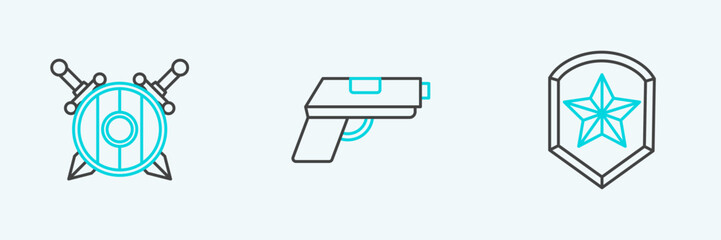 Poster - set line police badge, wooden shield with crossed swords and pistol gun icon. vector