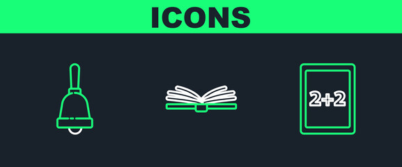 Poster - set line tablet with calculator, ringing bell and open book icon. vector