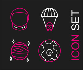 Poster - Set line Earth globe, Planet Venus, Saturn and Astronaut helmet icon. Vector