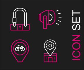 Poster - set line bicycle repair service, location with bicycle, head lamp and lock icon. vector