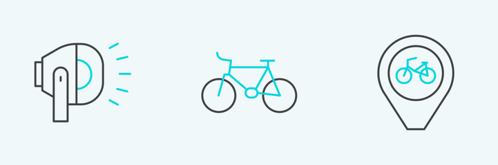 Poster - set line location with bicycle, bicycle head lamp and icon. vector