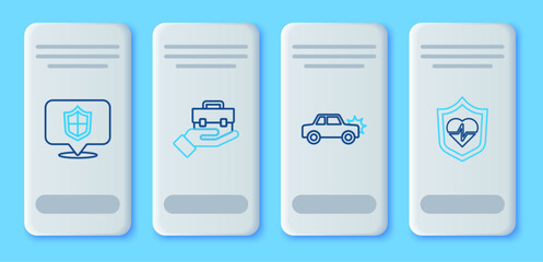 Poster - Set line Hand holding briefcase, Car, Location shield and Life insurance with icon. Vector