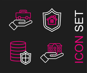 Poster - set line house in hand, money with shield, and hand holding briefcase icon. vector