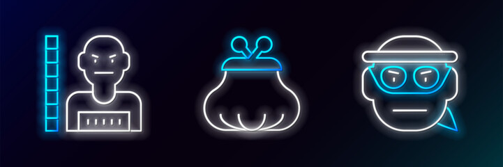 Poster - Set line Bandit, Suspect criminal and Wallet icon. Glowing neon. Vector