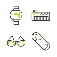 Poster - Set line Skateboard trick, Glasses, Music synthesizer and Wrist watch icon. Vector