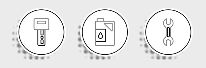 Poster - Set line Wrench spanner, Car key with remote and Canister for motor oil icon. Vector