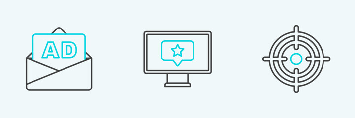 Poster - Set line Target, Advertising and Monitor with star icon. Vector