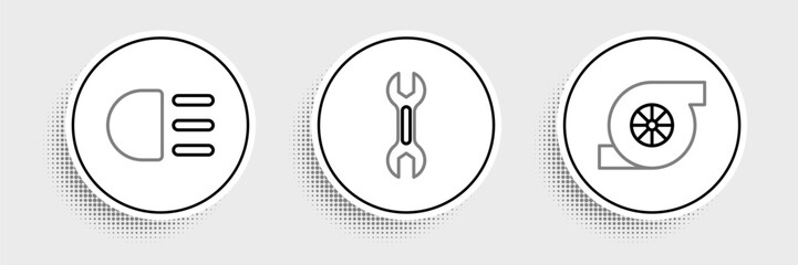 Poster - set line automotive turbocharger, high beam and wrench spanner icon. vector