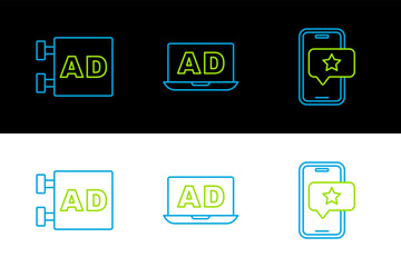 Poster - set line mobile with review rating, advertising and icon. vector