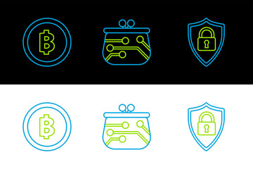 Poster - set line shield security with lock, cryptocurrency coin bitcoin and wallet icon. vector