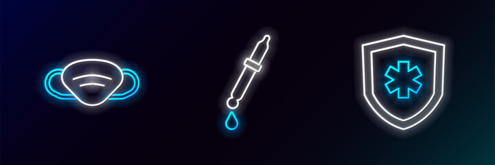 Poster - set line life insurance, medical protective mask and pipette icon. glowing neon. vector