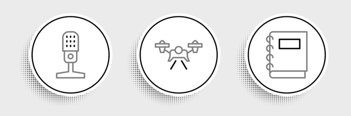 Poster - Set line Notebook, Microphone and Drone icon. Vector