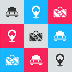 Poster - set taxi car, location with taxi and gps device map icon. vector