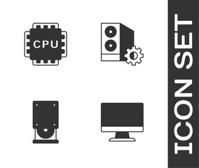 Poster - Set Computer monitor screen, Processor with CPU, Optical disc drive and Case of computer icon. Vector