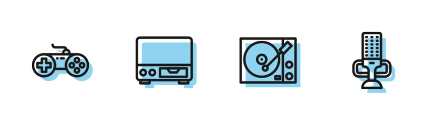 Poster - Set line Vinyl player, Gamepad, Old video cassette and Microphone icon. Vector