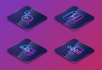 Poster - set isometric line arrow, flag, pie chart infographic and hierarchy organogram. blue square button. 