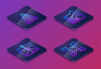 Poster - Set Isometric line Pyramid chart infographics, Intersection point, Graph, chart, diagram and Many ways directional arrow. Blue square button. Vector