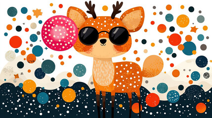 Wall Mural -   A deer in sunglasses holds a ball in its mouth against a starry backdrop of bubbles