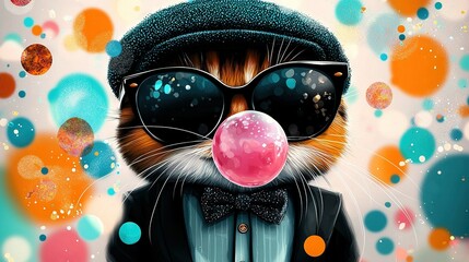 Wall Mural -   A cat in a tuxedo wearing sunglasses and a hat with a bubble in its mouth