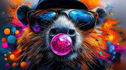 Wall Mural -   A painting depicts a rat wearing sunglasses and a hat with a bubble in its mouth and another hat on its head