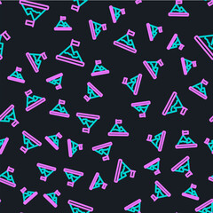 Poster - Line Mountains with flag on top icon isolated seamless pattern on black background. Symbol of victory or success concept. Goal achievement. Vector