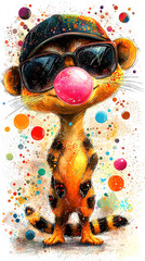 Wall Mural -   A painting of a raccoon wearing a hat, sunglasses, and a baseball cap with a bubble in its mouth