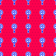 Poster - blue frying pan icon isolated seamless pattern on red background. fry or roast food symbol. vector