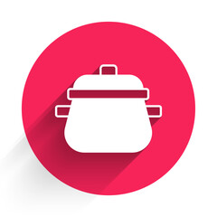 Poster - white cooking pot icon isolated with long shadow. boil or stew food symbol. red circle button. vecto