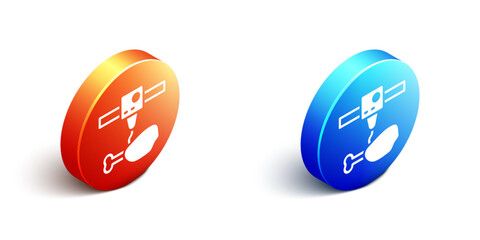 Poster - Isometric 3D printer chicken leg icon isolated on white background. 3d printing. Orange and blue circle button. Vector