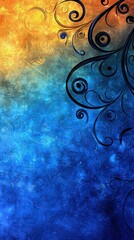 Wall Mural -   A stunning image depicts a blue, yellow, and orange background with a mesmerizing swirl pattern on its left side