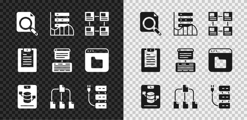 Poster - Set Search concept with folder, Server, Data, Web Hosting, Hierarchy organogram chart, Folder tree, report and icon. Vector