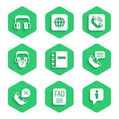 Poster - Set Notebook, FAQ information, Information, Telephone conversation, Declined missed call, Headphones with question, handset and icon. Vector