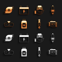Poster - Set Canister for motor machine oil, Car spark plug, Check engine, Shock absorber, mirror, Auto service check automotive, Automotive turbocharger and battery icon. Vector