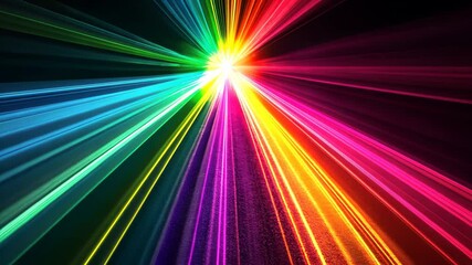 Poster - Colorful light beams radiate vibrantly against a dark backdrop creating an energetic atmosphere, Colorful light beams radiating against dark background, creating vibrant and dynamic visual effect
