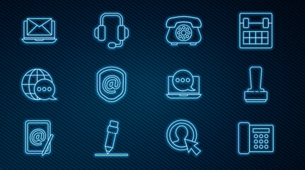 Poster - Set line Telephone, Stamp, Shield with mail and e-mail, World map made from speech bubble, Laptop envelope, Chat messages notification laptop and Headphones icon. Vector