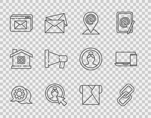 Fototapete - Set line Speech bubble chat, Chain link, Location and mail and e-mail, Create account screen, Website envelope, Megaphone, Envelope and Monitor icon. Vector