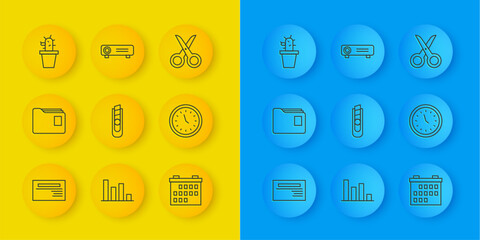 Poster - Set line Business card, Document folder, Stationery knife, Calendar, Clock, Cactus and succulent pot, Scissors and Movie, film, media projector icon. Vector