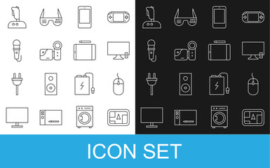 Poster - Set line Gps device with map, Computer mouse, Smart Tv, Smartphone, mobile phone, Cinema camera, Microphone, Joystick for arcade machine and Graphic tablet icon. Vector