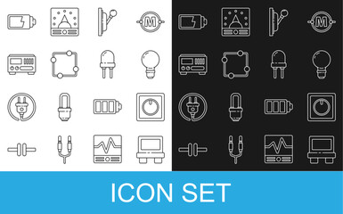 Poster - Set line Fuse, Electric light switch, Light bulb with concept of idea, Electrical panel, circuit scheme, measuring instruments, Battery charge level indicator and emitting diode icon. Vector