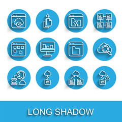 Poster - Set line Network cloud connection, Cloud technology data transfer, Failed access storage, Monitor with graph chart, Search computing and Browser files icon. Vector