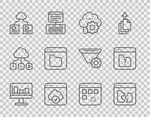 Poster - Set line Monitor with graph chart, Broken file, Cloud technology data transfer, Browser files, Loading window and File missing icon. Vector