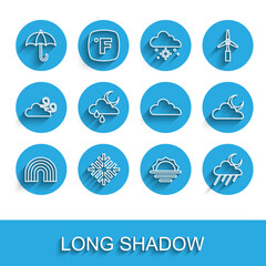 Wall Mural - Set line Rainbow, Snowflake, Umbrella, Sunrise, Cloud with rain and moon, and icon. Vector