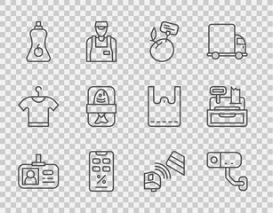 Poster - Set line Identification badge, Percent discount and mobile, Sauce bottle, Fish plastic tray container, POS terminal credit card and Cash register machine icon. Vector