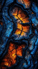 Wall Mural -   A close-up photo of a tree's trunk with a fire burning on its bark and a blue sky visible in the background