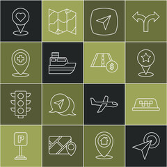Poster - set line infographic of city map navigation, taxi car roof, map pointer with star, ship line path, l