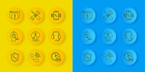 Poster - Set line Telephone 24 hours support, Man with a headset, Head question mark, Clock, Headphones, Monitor FAQ information, and Screwdriver and wrench spanner icon. Vector